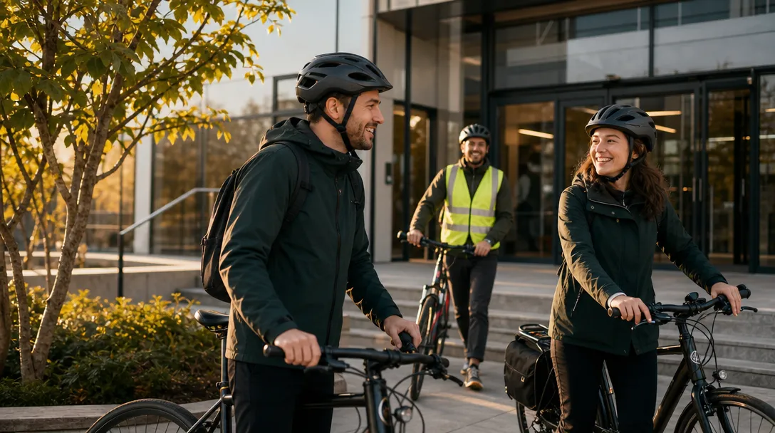 Salariés arrivant au travail à vélo le matin